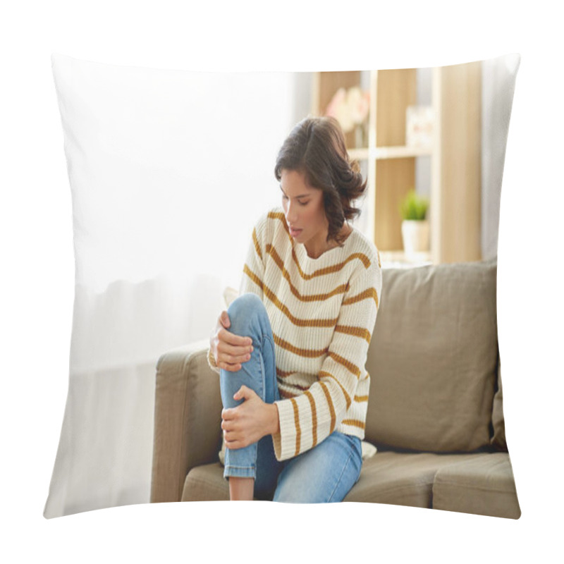 Personality  Unhappy Woman Suffering From Pain In Leg At Home Pillow Covers