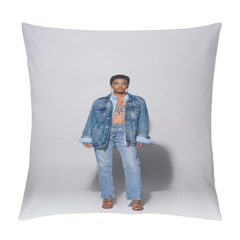 Personality  Full Length Of Fashionable African American Woman With Short Hair And Bold Makeup Posing In Denim Jacket And Jeans While Standing On Grey Background, Denim Fashion Concept Pillow Covers