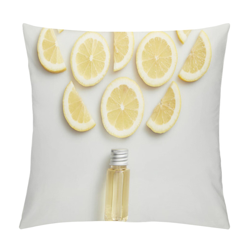 Personality  Flat Lay With Essential Oil And Cut Lemon On Grey Background Pillow Covers