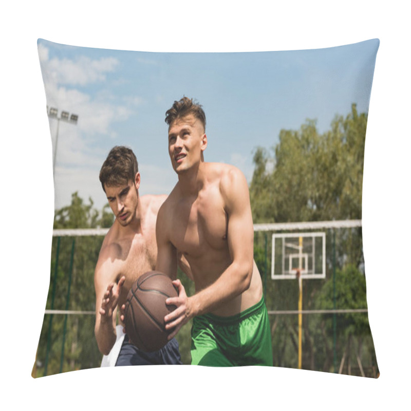 Personality  Shirtless Muscular Sportsmen Playing Basketball At Basketball Court Under Blue Sky Pillow Covers