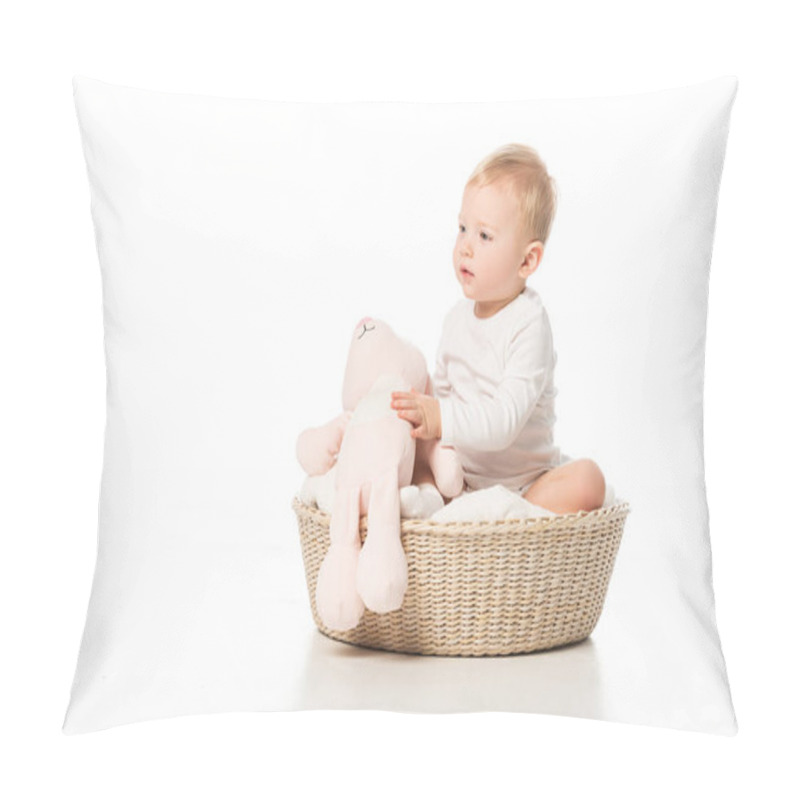 Personality  Cute Child Holding Pink Bunny And Sitting On Blanket In Basket On White Background Pillow Covers