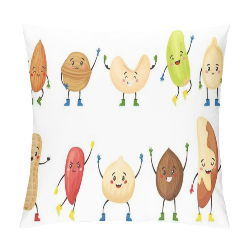 Personality  Cartoon Nut And Seed Characters With Cute Smiling Faces. Almond, Coconut, Walnut, Peanut Character, Funny Nuts And Seeds Mascot Vector Set Pillow Covers