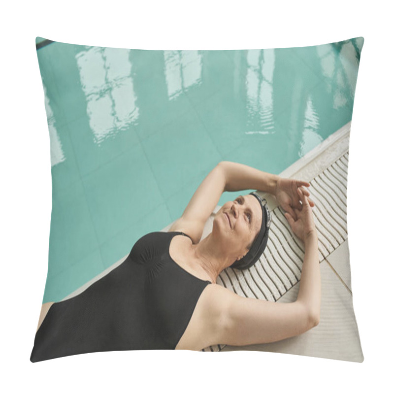 Personality  Happy Middle Aged Woman Lying At Poolside, Top View, Swim Cap And Goggles, Pool Water, Spa Center Pillow Covers