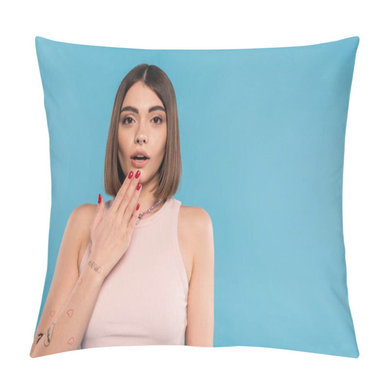 Personality  Astonished, Tattooed Young Woman With Nose Piercing And Short Hair Holding Hand Near Mouth On Blue Background, Generation Z, Fashionable, Trendy Summer Fashion  Pillow Covers