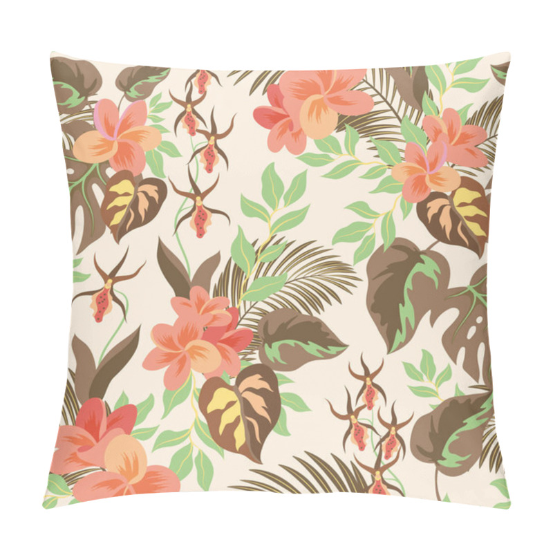 Personality  Floral Seamless Pattern With Tropical Leaves. Palm Leaf, Orchid, Plumeria Flowers. Vector Illustration Pillow Covers