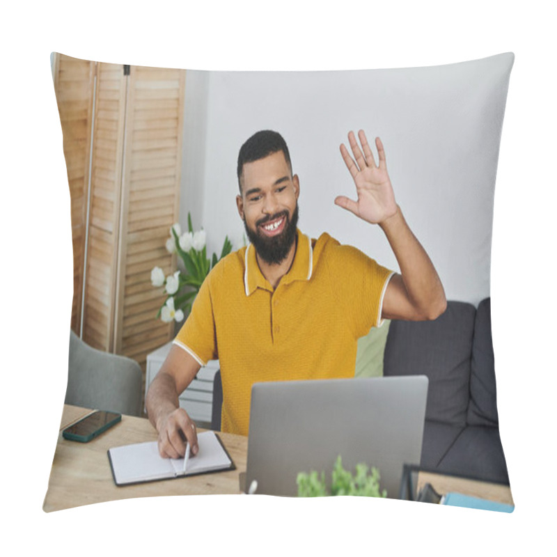 Personality  A Joyful Man Greets Others During A Virtual Conversation At His Cozy Home. Pillow Covers