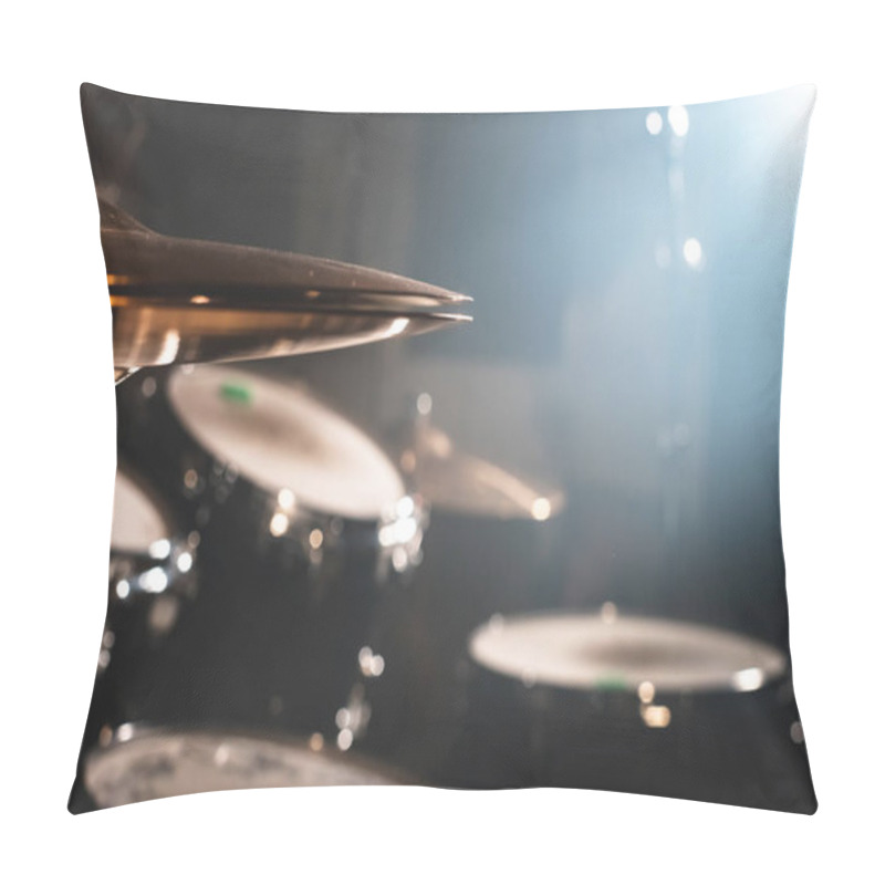 Personality  Close-up Drum Set In A Dark Room Against The Backdrop Of The Spotlight. Atmospheric Background Symbol Of Playing Rock Or Jazz Drums. Copper Plates On A Cold Background Pillow Covers