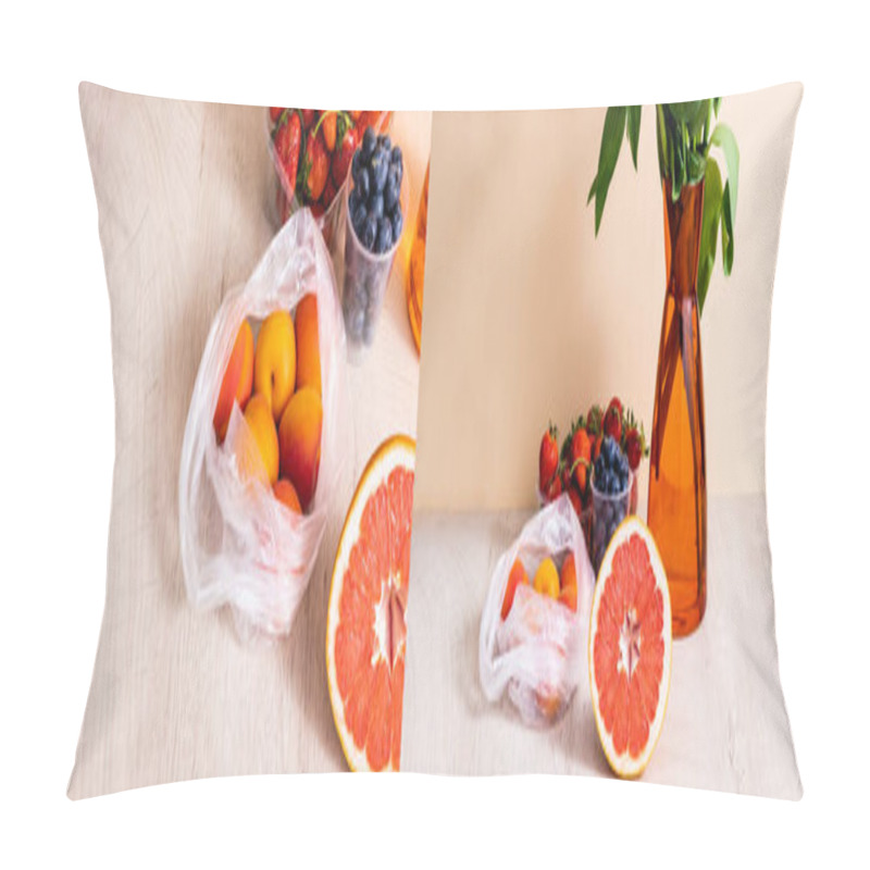 Personality  Collage Of Floral And Fruit Composition With Bouquet In Vase, Berries, Grapefruit And Apricots On Wooden Surface On Beige Background Pillow Covers