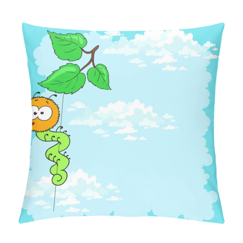 Personality  Cartoon Caterpillar On Leaves, Cloudy Sky. Postcard Vector. Pillow Covers