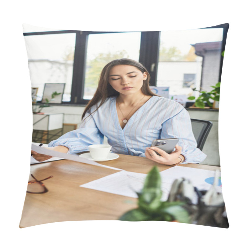 Personality  Brunette Woman Seated At A Desk, Checking Her Smartphone While Enjoying A Cup Of Coffee. Pillow Covers