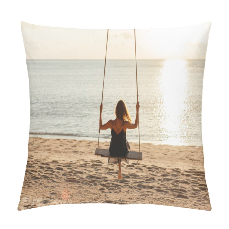 Personality  Back View Of Woman On Swing At Ocean Beach During Sunset Pillow Covers