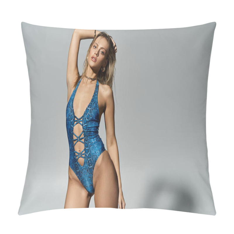 Personality  Fashionable Woman With Blonde Hair Striking A Pose In A Blue Swimsuit. Pillow Covers