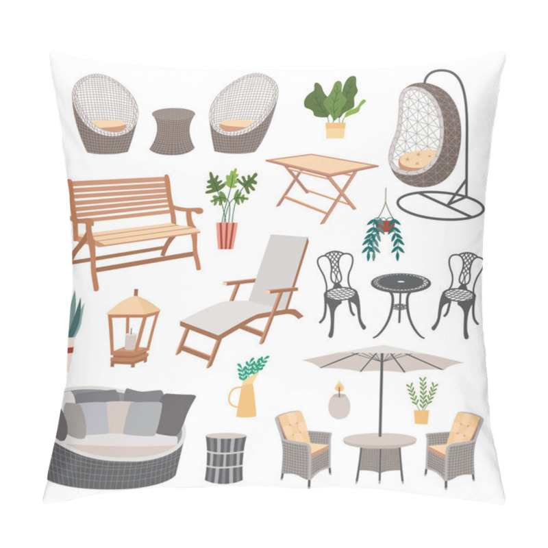 Personality  Set Of Garden And Beach Furniture Icons Flat Vector Illustration Isolated. Pillow Covers