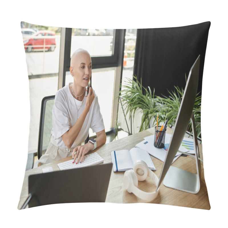 Personality  A Stylish Bald Woman Immerses Herself In Work, Thoughtfully Handling Tasks At Her Desk. Pillow Covers