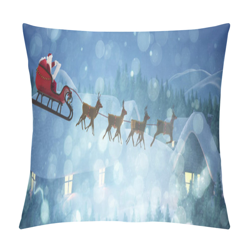 Personality  Side View Of Santa Claus Riding On Sleigh During Christmas Against Cute Village In The Snow Pillow Covers