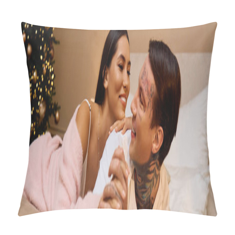 Personality  Young Couple Smiles And Shares Tender Moments While Relaxing In A Warm Holiday Atmosphere Pillow Covers