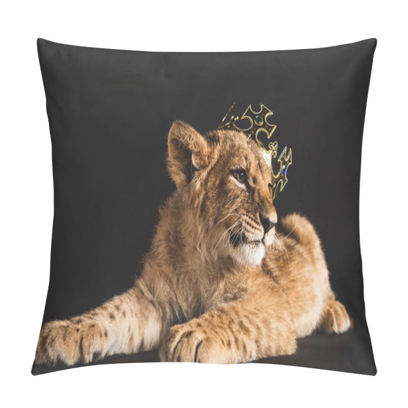 Personality  Adorable Lion Cub Lying In Golden Crown Isolated On Black Pillow Covers