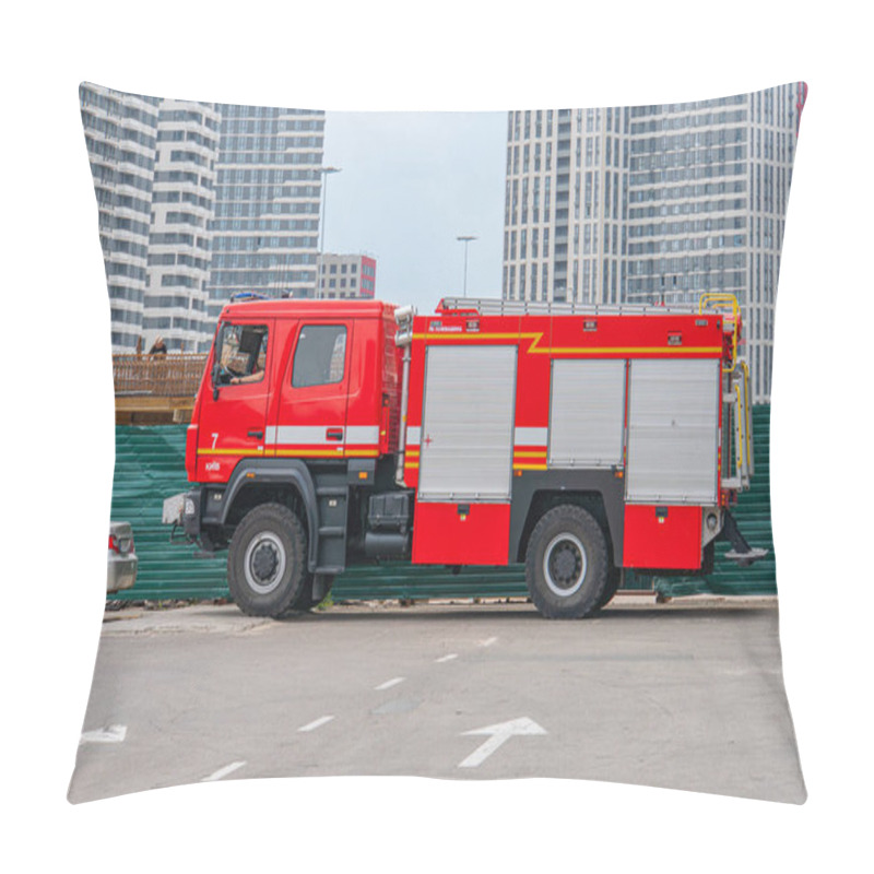 Personality  A Red Fire Truck Is Parked On An Empty Parking Lot With Several Firefighting Equipment Features, Including Ladders And Storage Compartments, And A Ser Kyiv, Ukraine 06-06-2024 Pillow Covers