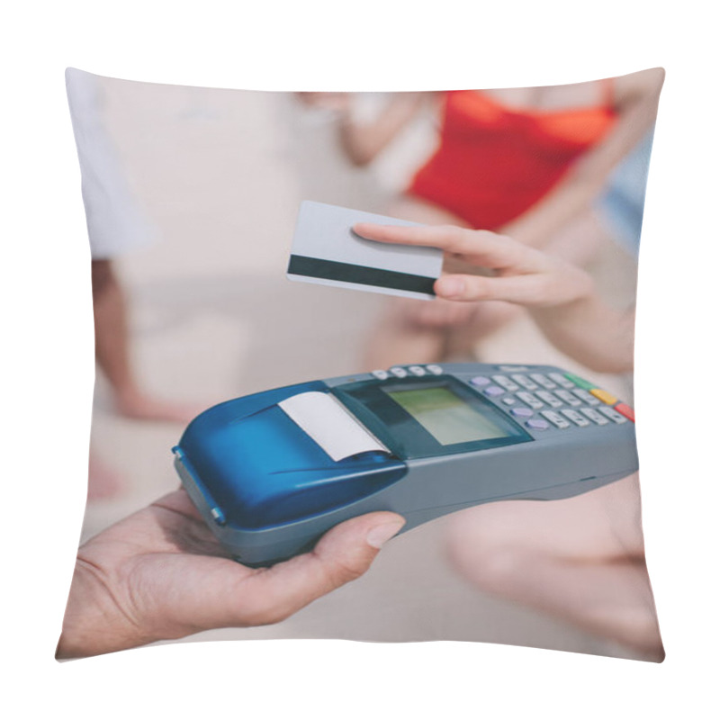 Personality  Close-up Partial View Of Person Paying With Credit Card On Beach Pillow Covers