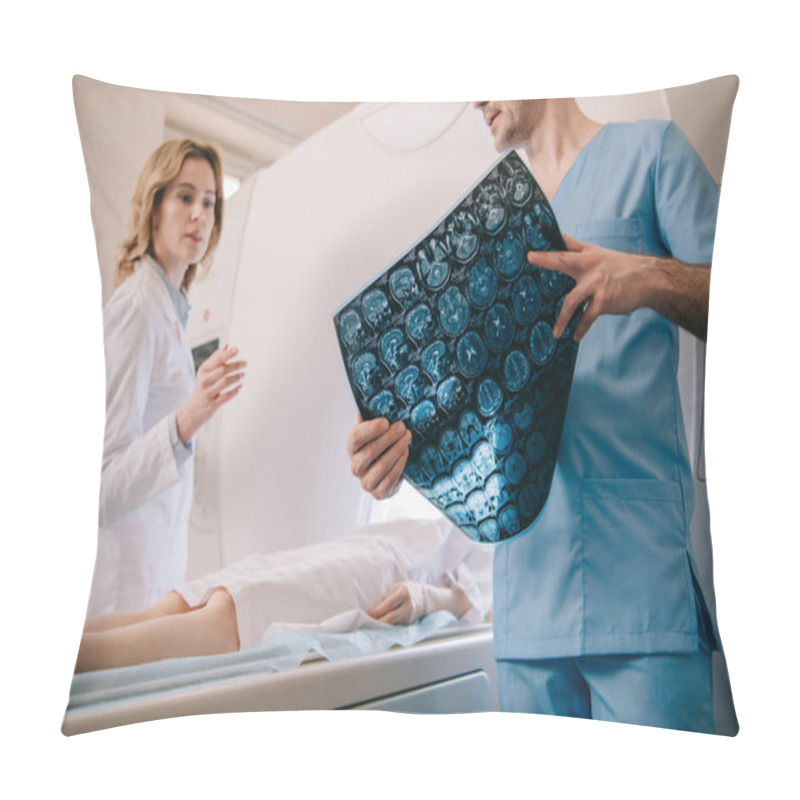 Personality  Selective Focus Of Doctor Holding Tomography Diagnosis While Radiologist Operating Ct Scanner During Patients Diagnostics Pillow Covers