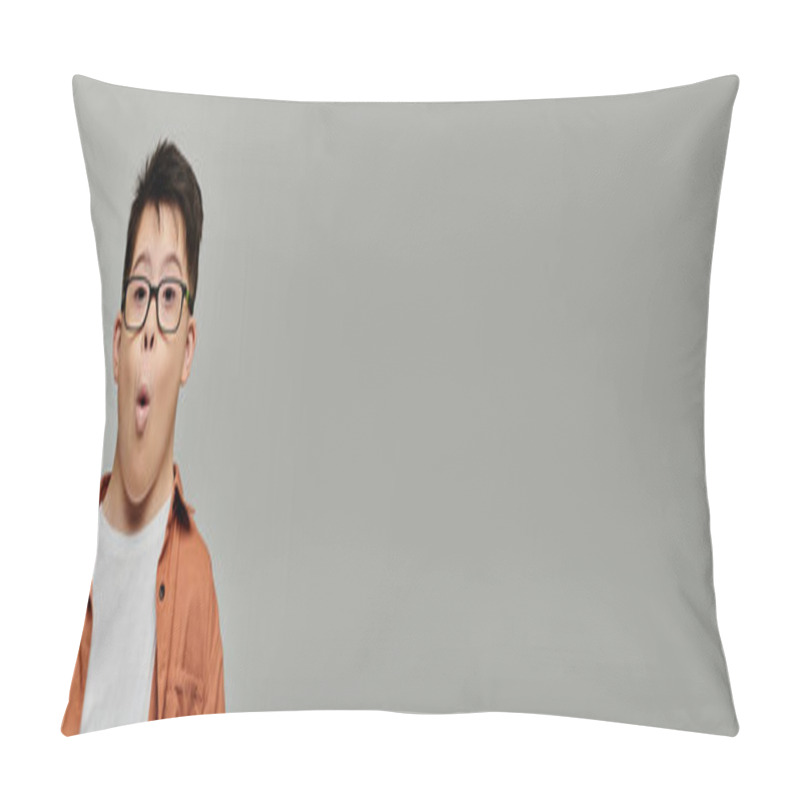 Personality  A Boy With Down Syndrome Wearing Glasses Contorts His Face In A Humorous Expression. Pillow Covers