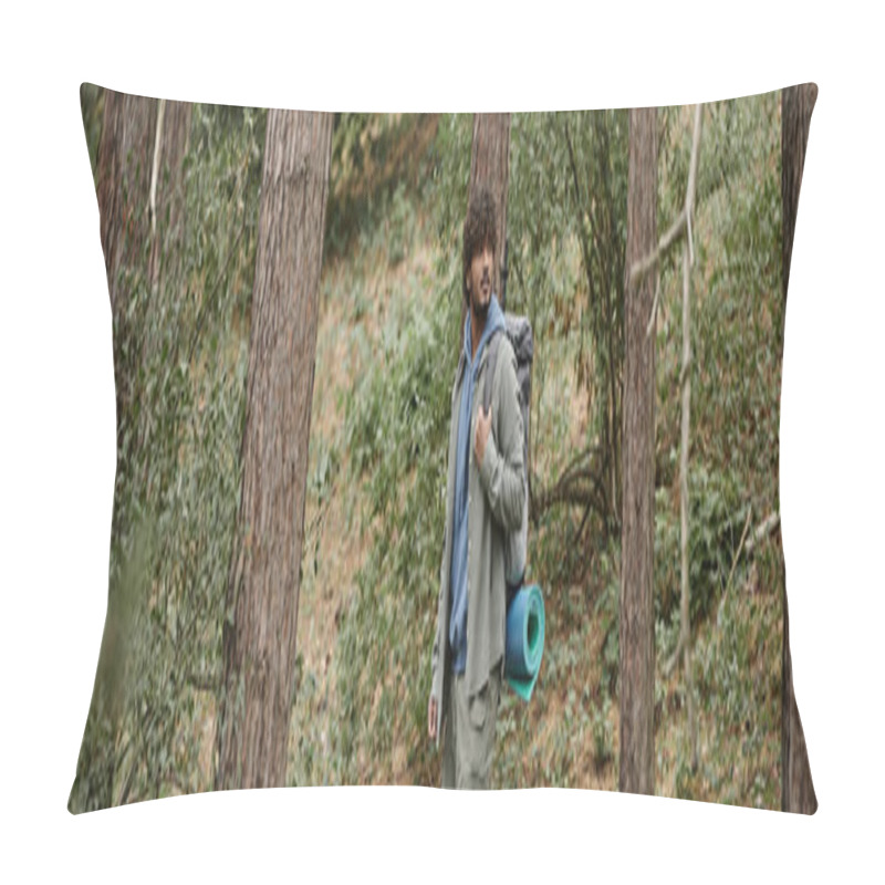 Personality  Indian Backpacker With Curly Hair Walking In Forest, Natural Location, Hiker With Backpack, Banner Pillow Covers