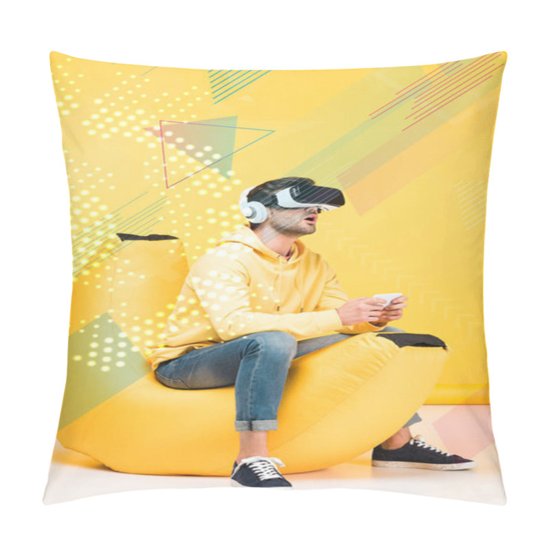 Personality  Excited Man On Bean Bag Chair In Virtual Reality Headset On Yellow With Cyberspace Illustration Pillow Covers