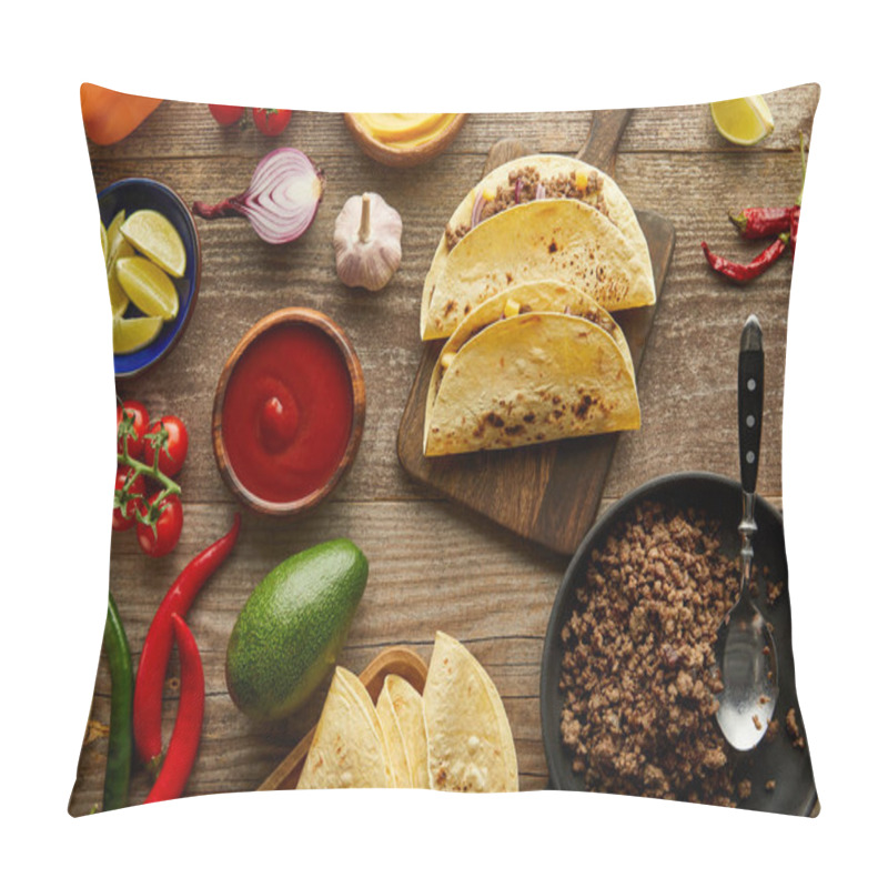 Personality  Top View Of Ingredients For Traditional Mexican Tacos On Wooden Surface Pillow Covers