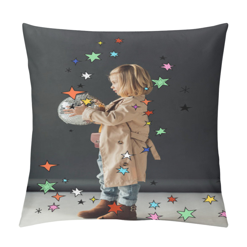 Personality  Side View Of Child In Trench Coat Holding Disco Ball On Black Background With Stars Illustration Pillow Covers