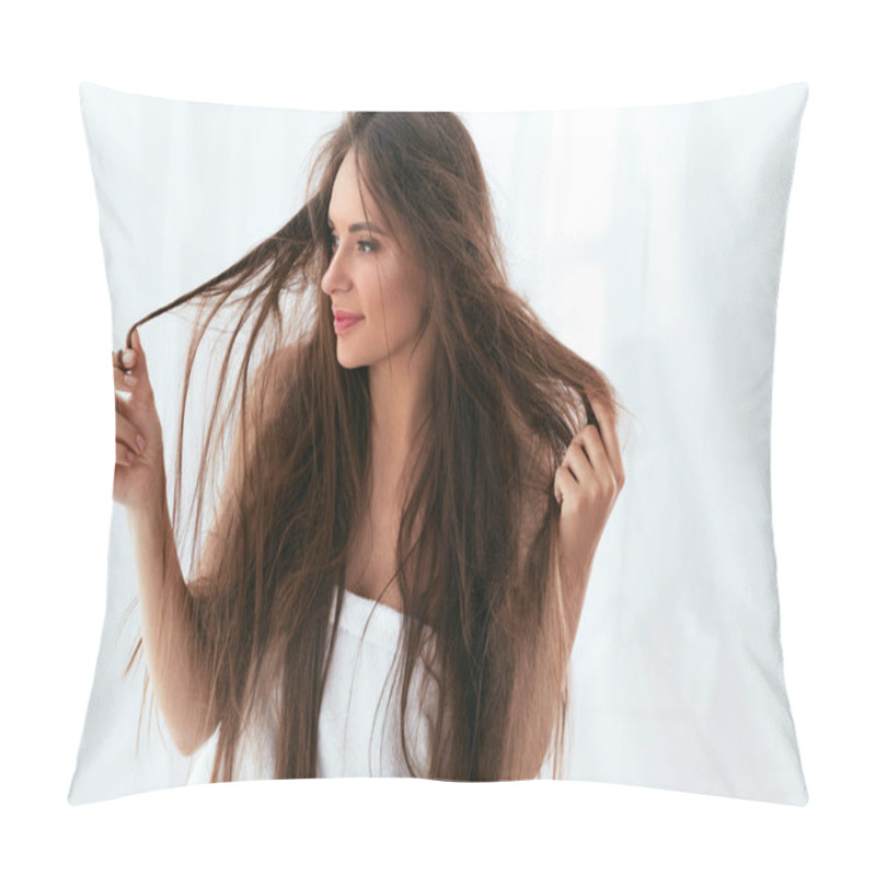 Personality  Hair Problem. Woman With Dry And Damaged Long Hair Pillow Covers