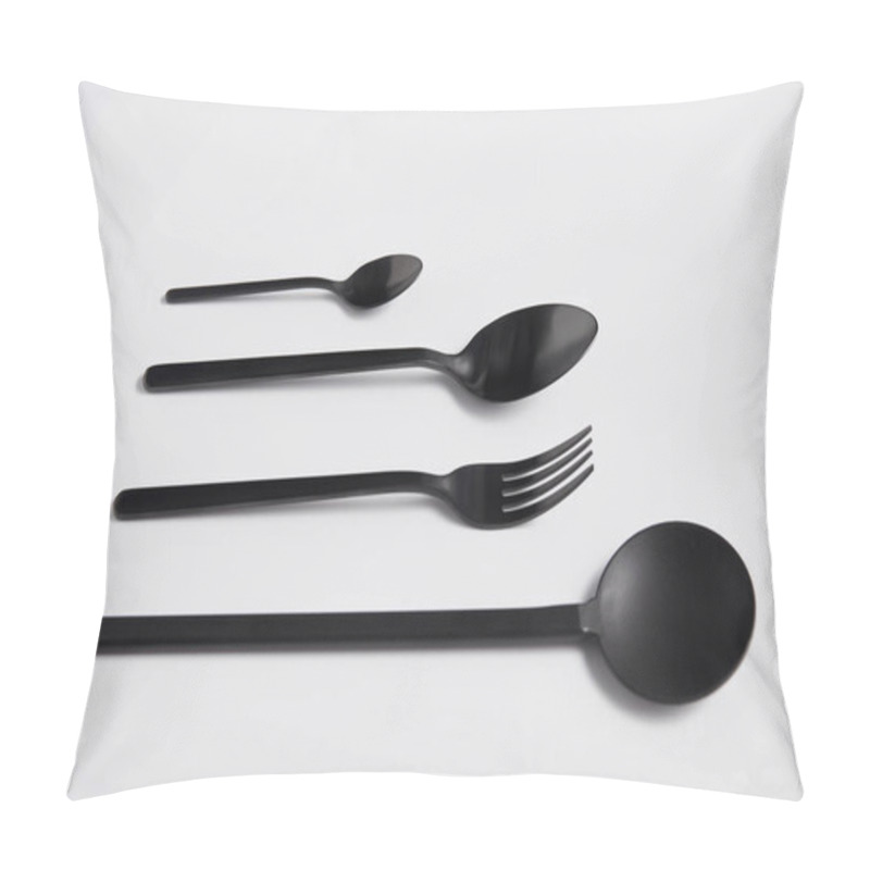 Personality  Close Up View Of Arranged Salad Spoon, Fork And Spoons On White Table, Minimalistic Concept Pillow Covers