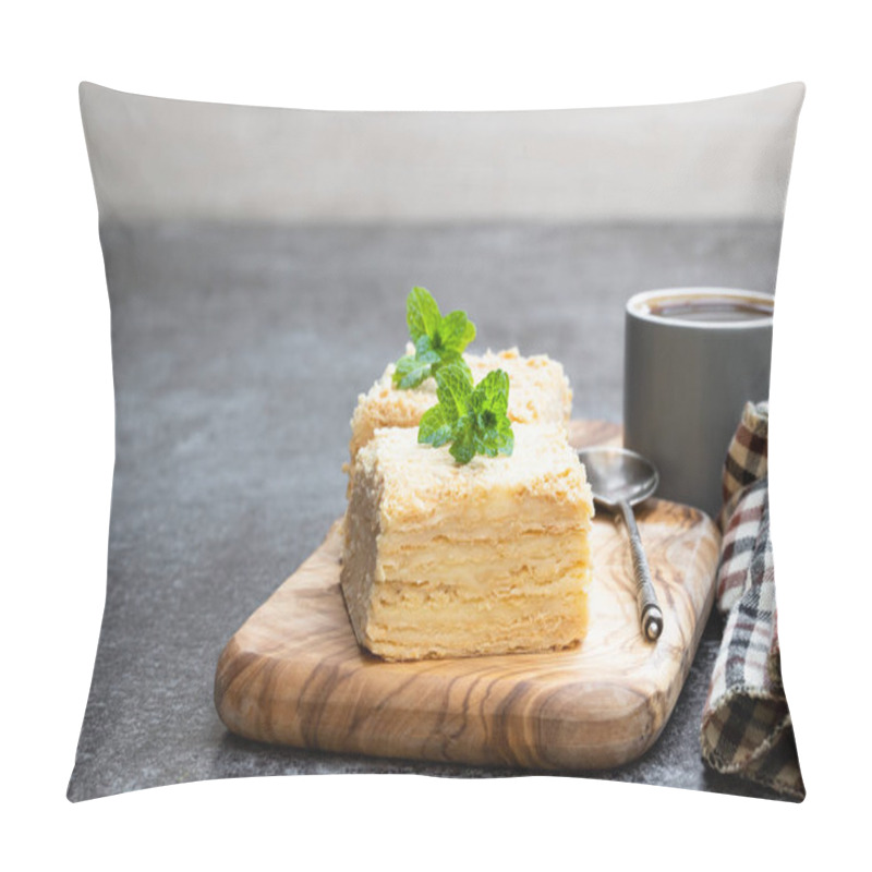 Personality  Napoleon  Cake Slices With Cup Of Coffee On Gray Table  Pillow Covers