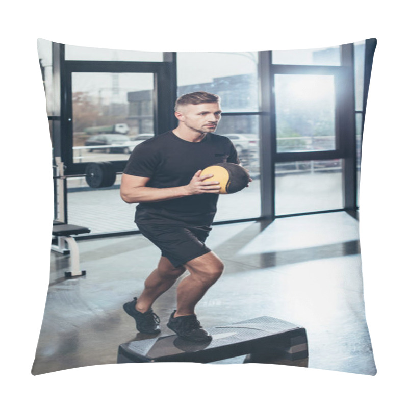 Personality  Handsome Sportsman Training On Step Platform With Medicine Ball In Gym Pillow Covers