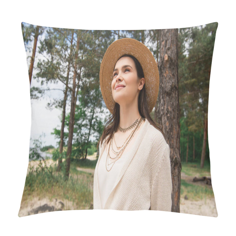 Personality  Cheerful Young Woman In Sun Hat Smiling In Forest Pillow Covers