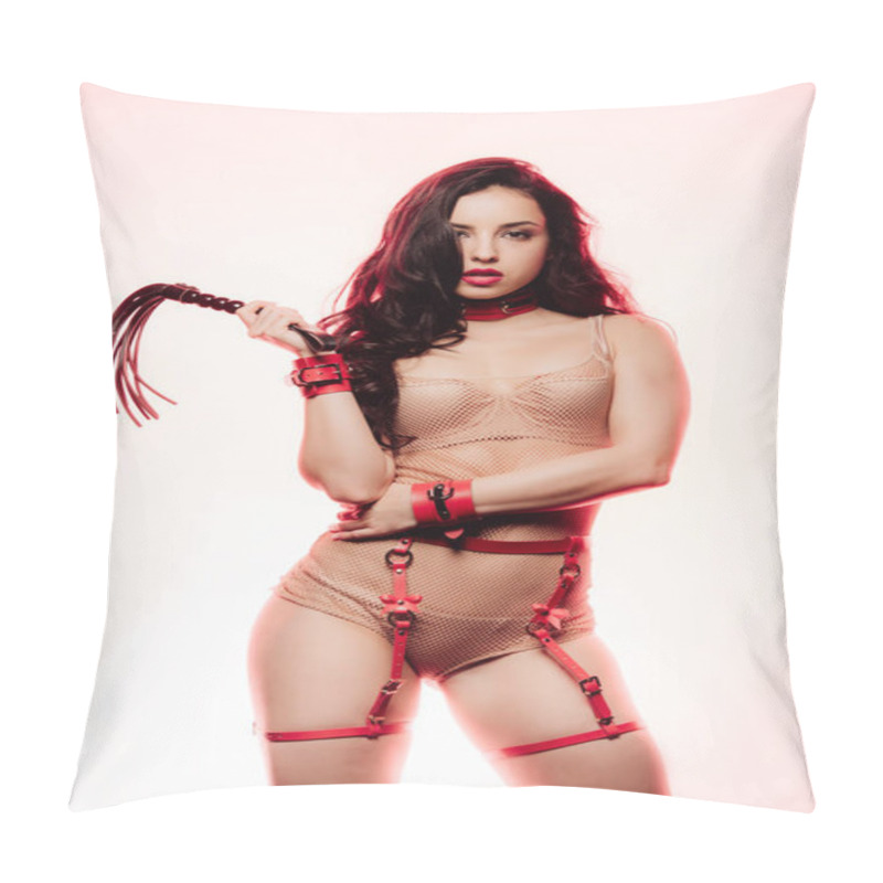 Personality  Sexy Young Woman In Red Swordbelt, Collar And Handcuffs Holding Flogging Whip On Light Background Pillow Covers