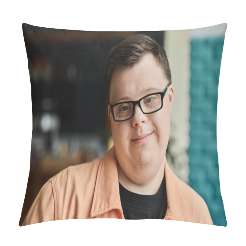 Personality  A Man With Down Syndrome Smiles On Blue Backdrop Pillow Covers