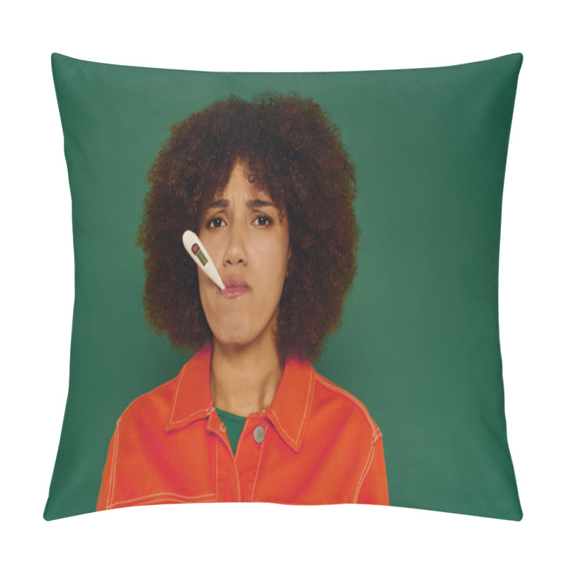 Personality  A Pretty Young African American Woman With A Thermometer Amid A Vibrant Green Surface. Pillow Covers