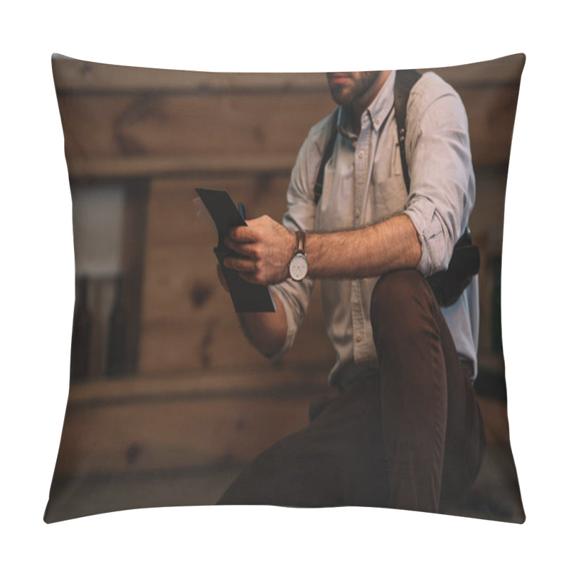 Personality  Cropped View Of Male Detective Making Notes  Pillow Covers