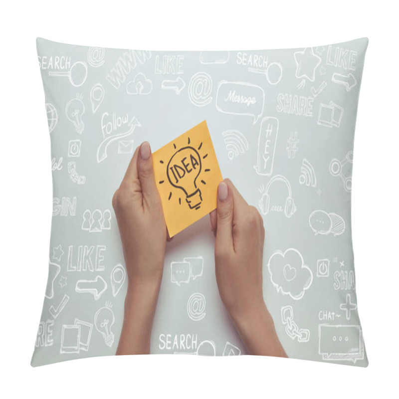 Personality  Cropped Image Of Woman Holding Paper Sticker With Word Idea In Lightbulb On White With Marketing Icons Pillow Covers