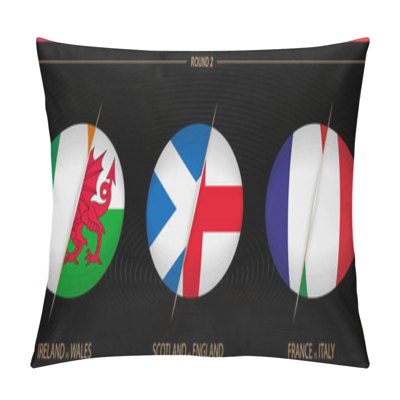 Personality  Rugby Tournament Round 2, Three Matches. Ball Shaped Rugby Icon On Black Background. Pillow Covers