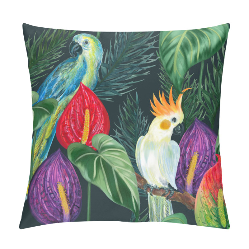 Personality  Seamless Tropical Exotic Pattern Background With Palm Leaves, Wild Leaves, Anthurium Plant , Parrot Bird, Cockatoo Bird, Rainforest  Botanical Illustration Pillow Covers