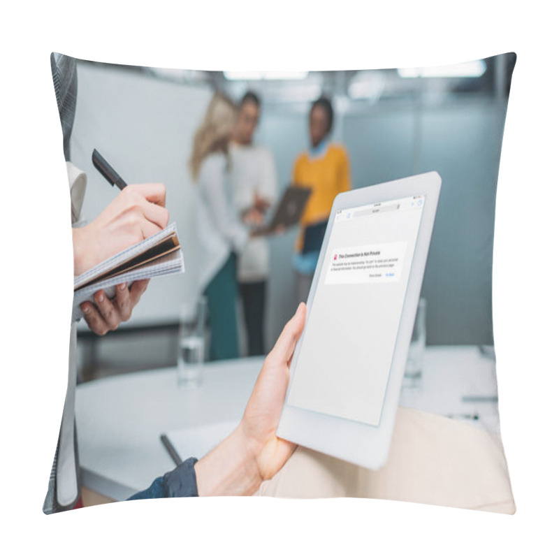 Personality  Businessman Holding Tablet With Browser App On Screen At Modern Office While Colleague Making Notes Pillow Covers