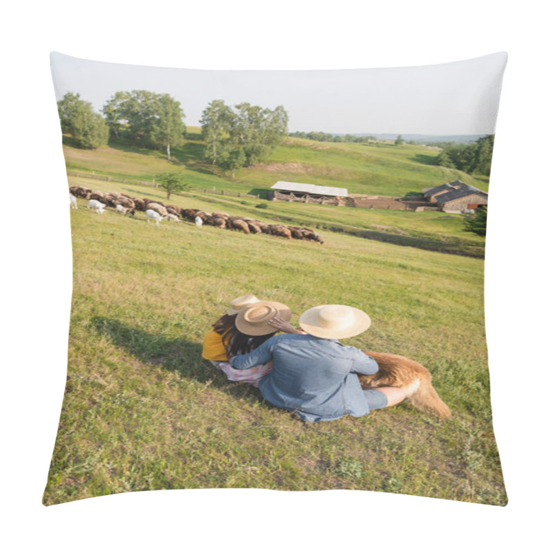 Personality  Back View Of Family In Straw Hats Sitting Near Herd Grazing On Scenic Pasture Pillow Covers