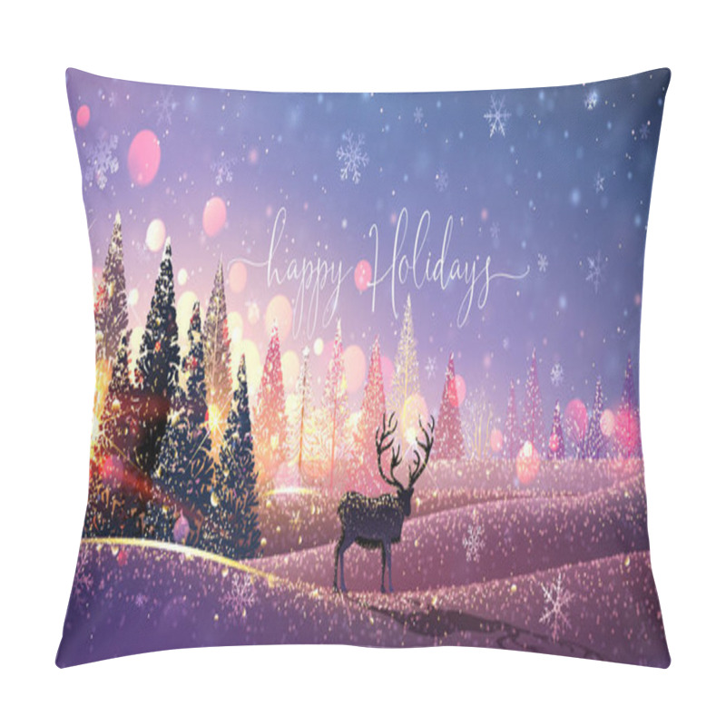 Personality  Christmas Card With Reindeer, Winter Sunny Landscape. Vector Pillow Covers