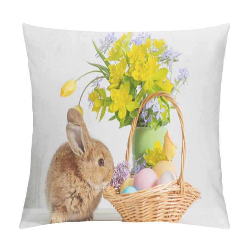 Personality  Bunny With Easter Eggs And Flowers On White Background Pillow Covers