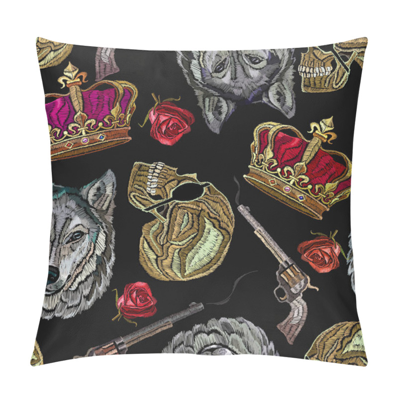 Personality  Embroidery Golden Crown, Guns, Wolf Head, Human Skull And Roses Seamless Pattern. Fashion Template For Clothes, Textiles, T-shirt Design Pillow Covers