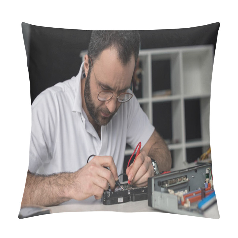 Personality  Repairman Using Multimeter While Testing Hard Disk Drive Pillow Covers