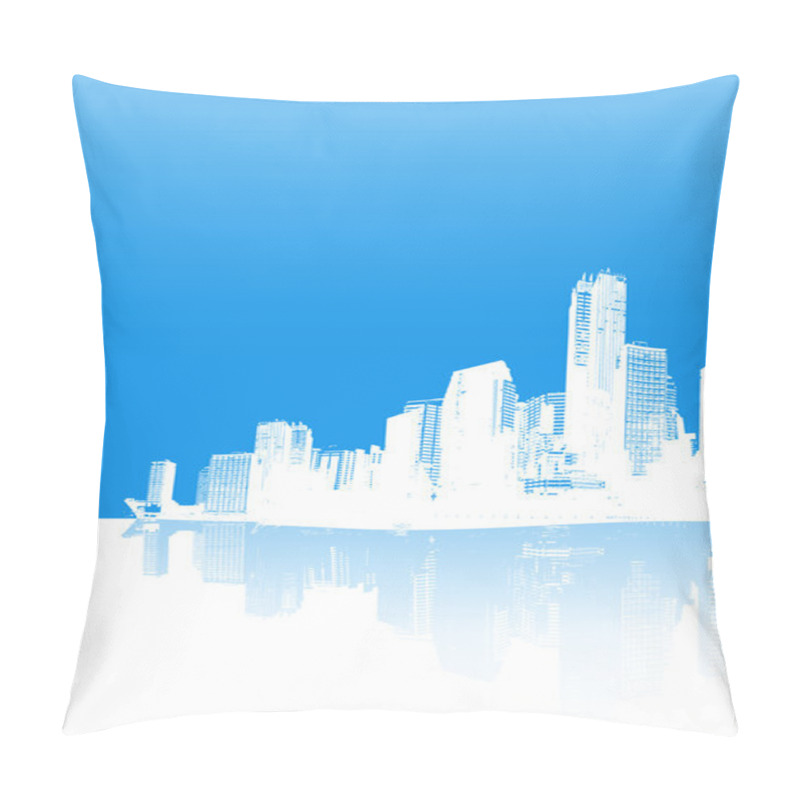 Personality  Blue Panorama Of City With Reflection. Vector Art. Pillow Covers