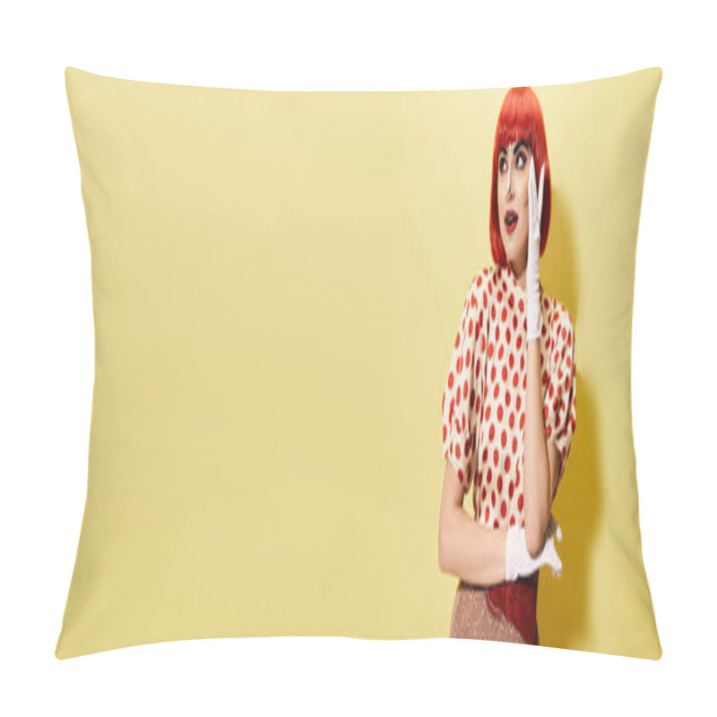 Personality  A Vibrant Redhead In A Polka Dot Shirt With Creative Pop Art Makeup, Brings Comic Book Character Vibes To Life On A Yellow Background. Pillow Covers