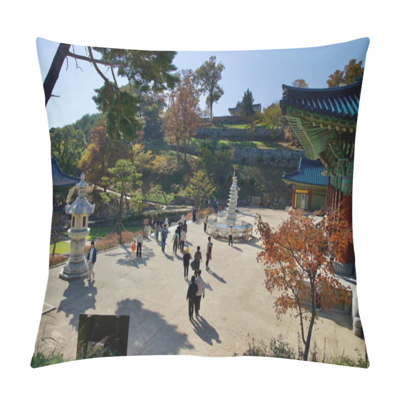 Personality  Yangyang County, South Korea - November 3rd, 2024: Visitors Gather Around The Intricately Designed Stone Pagoda Situated In Front Of Botajeon Hall At Naksansa Temple, Surrounded By Vibrant Autumn Colors. Pillow Covers